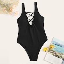 Romwe Crisscross Deep V-neck One Piece Swimsuit