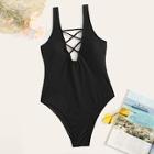 Romwe Crisscross Deep V-neck One Piece Swimsuit