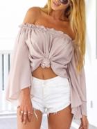 Romwe Pink Ruffled Off The Shoulder Bell Sleeve Blouse