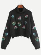 Romwe Black Turtleneck Flower Embroidery Ripped Ribbed Trim Crop Sweater