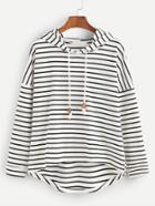 Romwe Black White Striped Drop Shoulder High Low Hooded Sweatshirt
