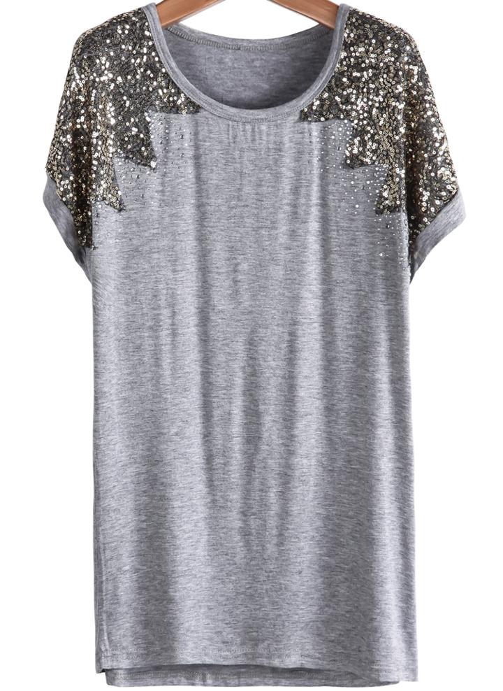 Romwe Sequined Loose Grey T-shirt