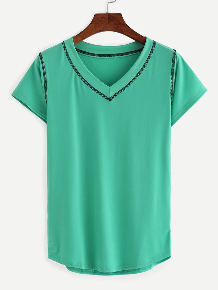 Romwe Green Contrast Trim V Neck T-shirt
