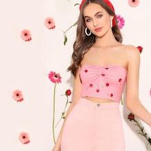Romwe Cherry Print Ruched Front Shirred Bandeau Top