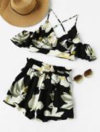 Romwe Frilled Overlap Cami And Self Tie Shorts Co-ord