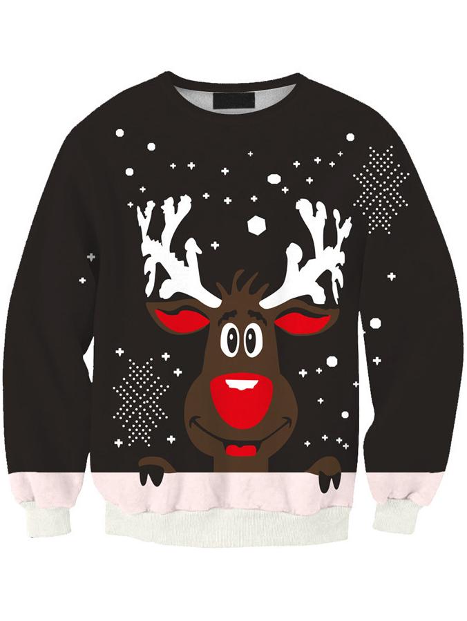Romwe Women Black Christmas Cute Moose Print Sweater