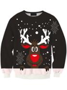 Romwe Women Black Christmas Cute Moose Print Sweater