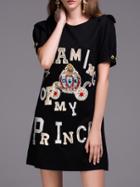 Romwe Black Letters Embroidered Beading Dress