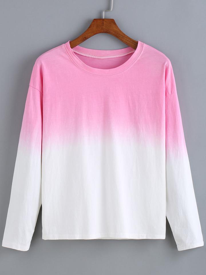 Romwe Long Sleeve Tie-dye Rose Red T-shirt