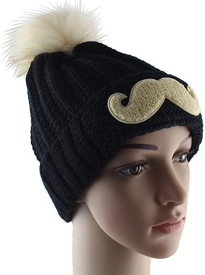 Romwe Black Twisted Ball Moustache Knit Hat