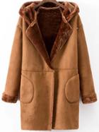 Romwe Hooded Studded Suede Coat With Pockets