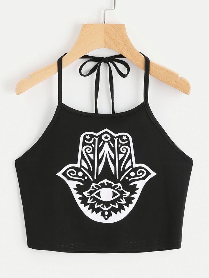 Romwe Halter Neck Hamsa Hand Print Cami Top