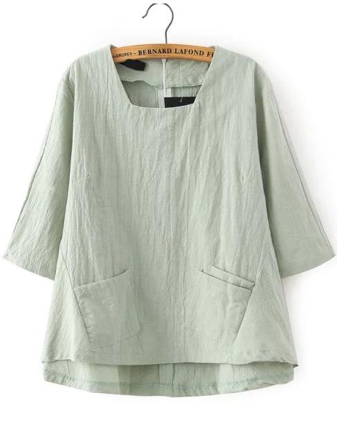 Romwe Square Neck Dip Hem With Pockets Green Top