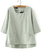 Romwe Square Neck Dip Hem With Pockets Green Top