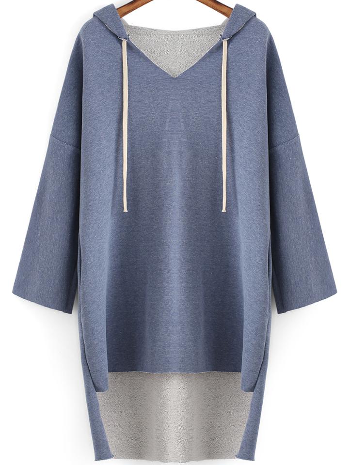 Romwe Hooded Dip Hem Loose Blue Sweatshirt