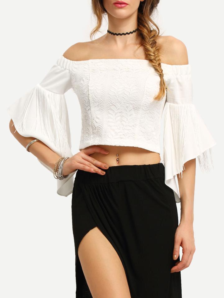 Romwe Off-the-shoulder Fringe Bell Sleeve Lace Blouse