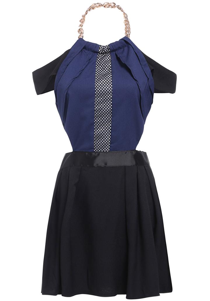 Romwe Colour-block Chain Halter Midriff Dress