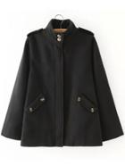 Romwe Stand Collar With Pockets Woolen Black Coat