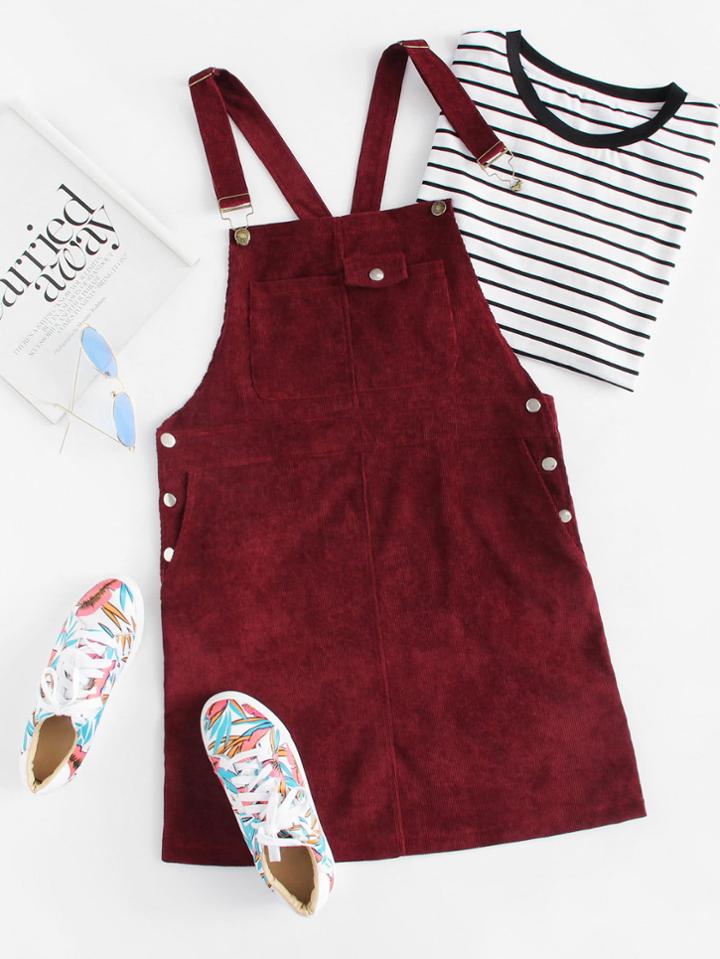 Romwe Dual Pocket Back Corduroy Pinafore Dress