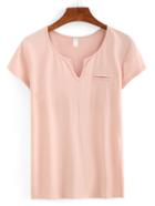 Romwe Pink V Neck False Pocket T-shirt