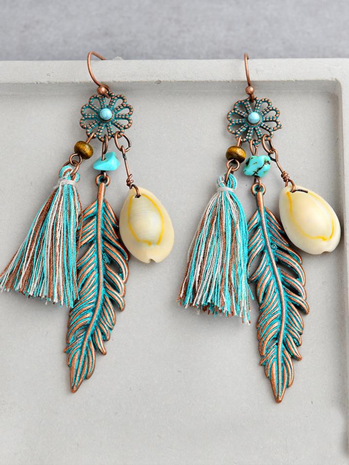 Romwe Leaf & Tassel Drop Earrings