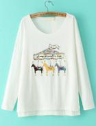 Romwe Sequined Horse Embroidered Loose T-shirt