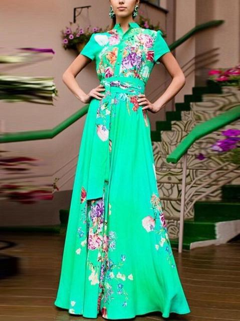 Romwe Stand Collar Floral Maxi Dress