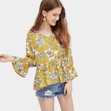 Romwe Floral Print Flounce Sleeve Ruffle Hem Blouse