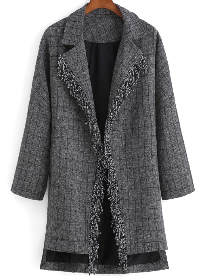 Romwe Lapel Dip Hem Tassel Coat