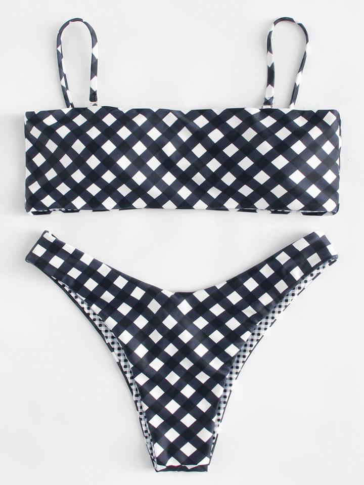 Romwe Grid High Leg Bikini Set