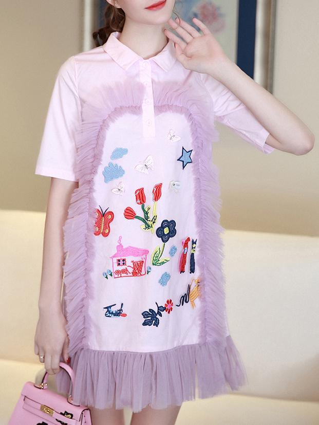 Romwe Pink Lapel Embroidered Fringe Dress