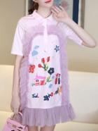 Romwe Pink Lapel Embroidered Fringe Dress