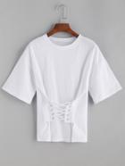 Romwe White Lace Up Front T-shirt