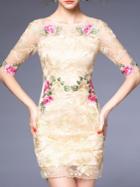 Romwe Apricot Crew Neck Gauze Embroidered Sheath Dress