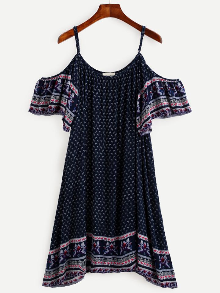 Romwe Navy Tribal Print Cold Shoulder Dress