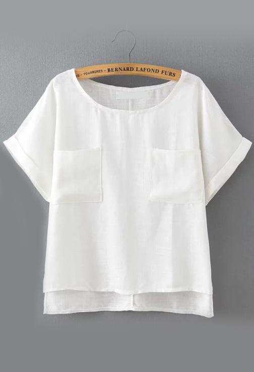 Romwe Dip Hem With Pockets White T-shirt