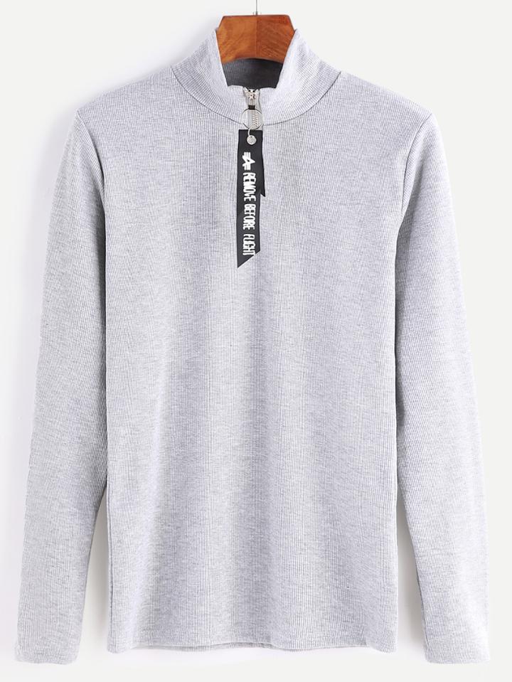 Romwe Heather Grey Zipper High Neck T-shirt