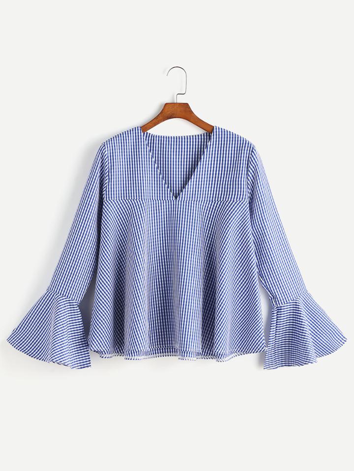 Romwe Gingham V Neck Bell Sleeve Blouse