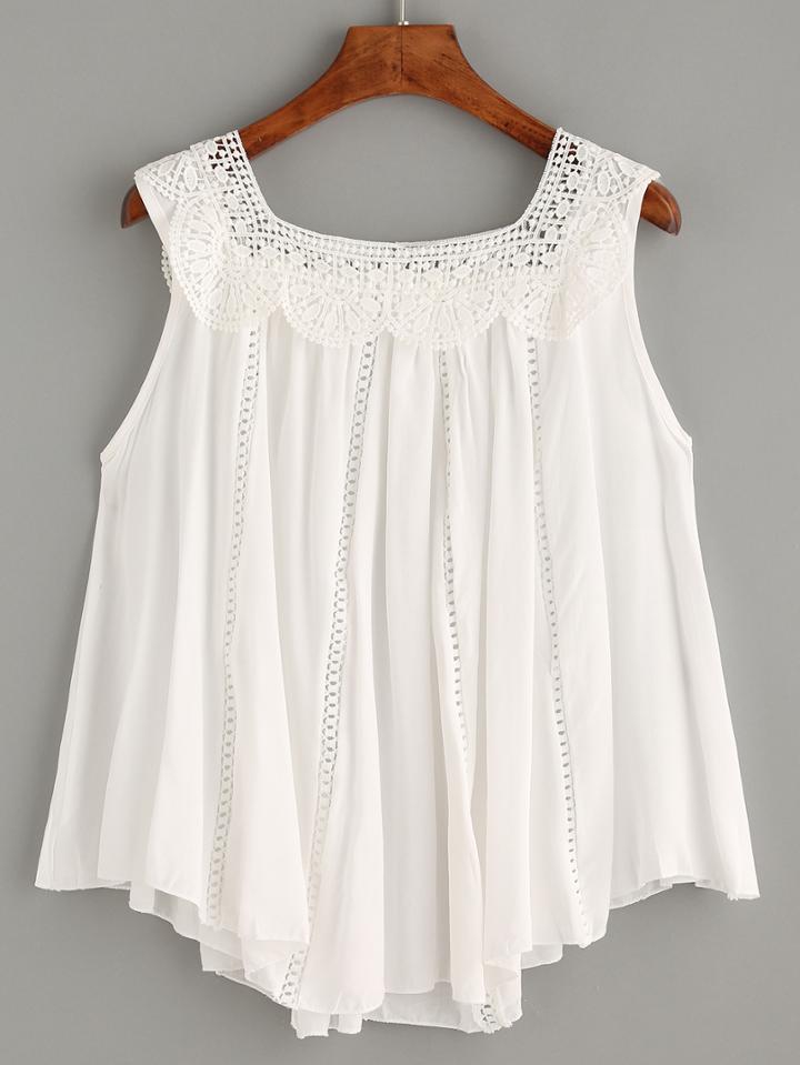 Romwe White Square Neck Crochet Detail Tank Top