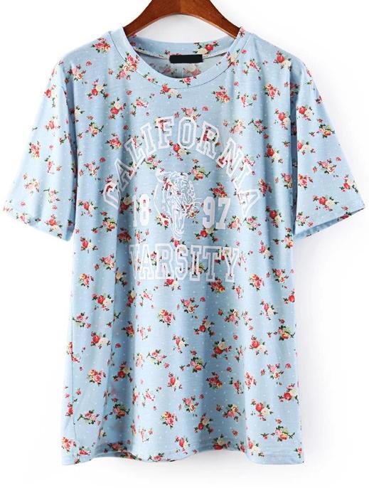Romwe Floral Tiger Letters Print Blue T-shirt