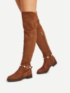 Romwe Faux Pearl Strap Detail Flat Boots