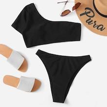 Romwe One Shoulder Top With High Leg Bikini Set