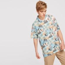Romwe Guys Single Pocket Sea Shore Print Shirt