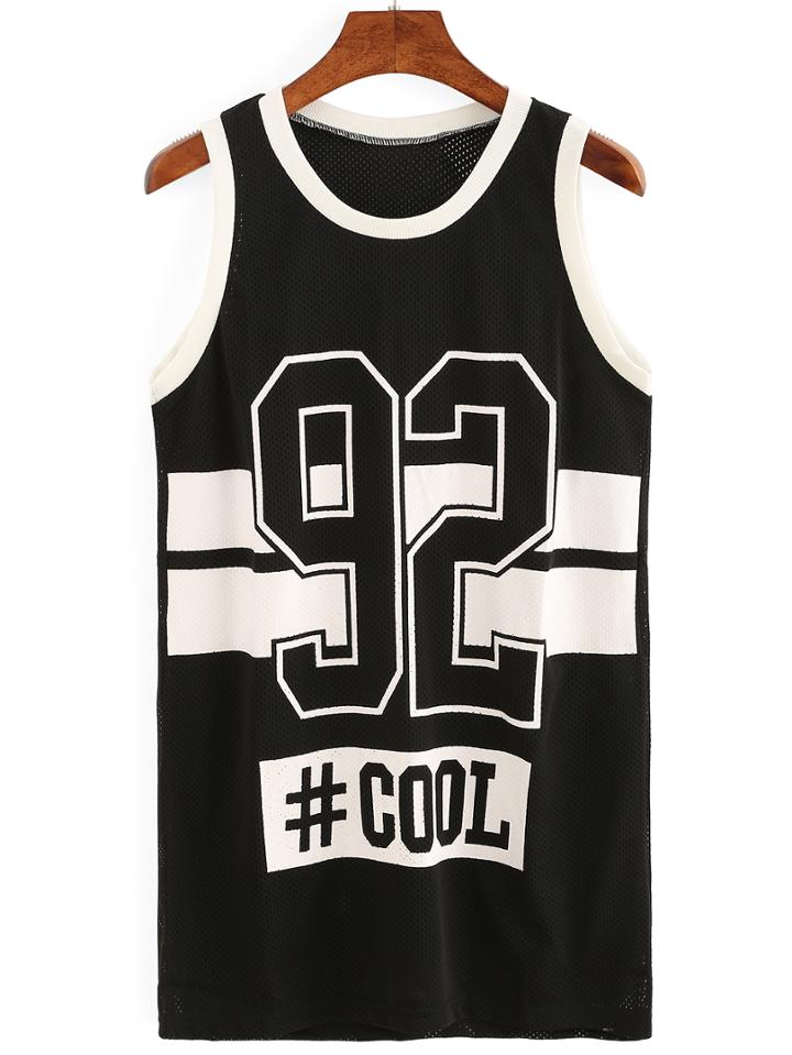 Romwe Contrast Trim Varsity Print Mesh Tank Top