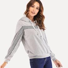 Romwe Checkered Panel Rib Trim Hoodie