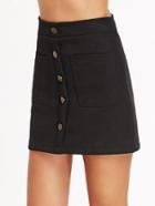 Romwe Black Single Breasted Pocket Front A Line Skirt