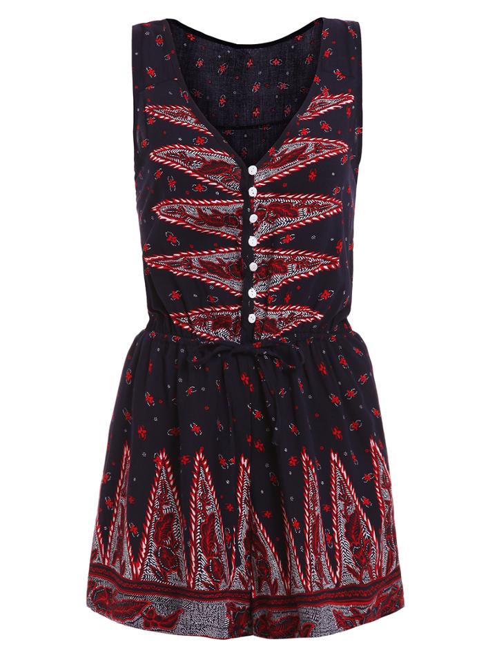 Romwe Buttoned Front Floral Print Sleeveless Romper