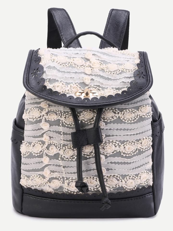 Romwe Black Lace Flower Embellished Drawstring Pu Backpack