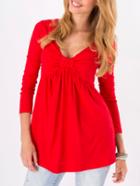 Romwe Deep Plunge Neck Long Sleeve Red T-shirt