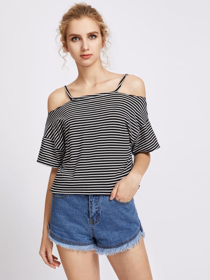 Romwe Open Shoulder Stripe Tee